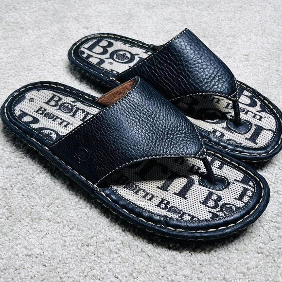 Børn Black Leather Thong Sandals Women 8 EU 39 Excellent Condition Cushion Slide - Picture 1 of 10